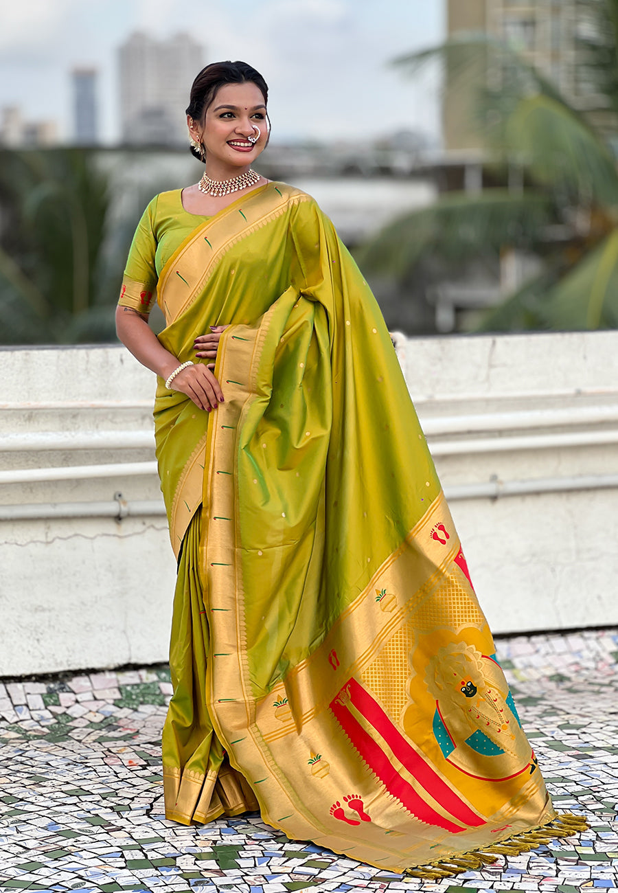 Mehendi Green Zari Woven Mahalaxmi God Paithani Silk Saree Paithani Saree Anant Tex Exports Pvt.Ltd..