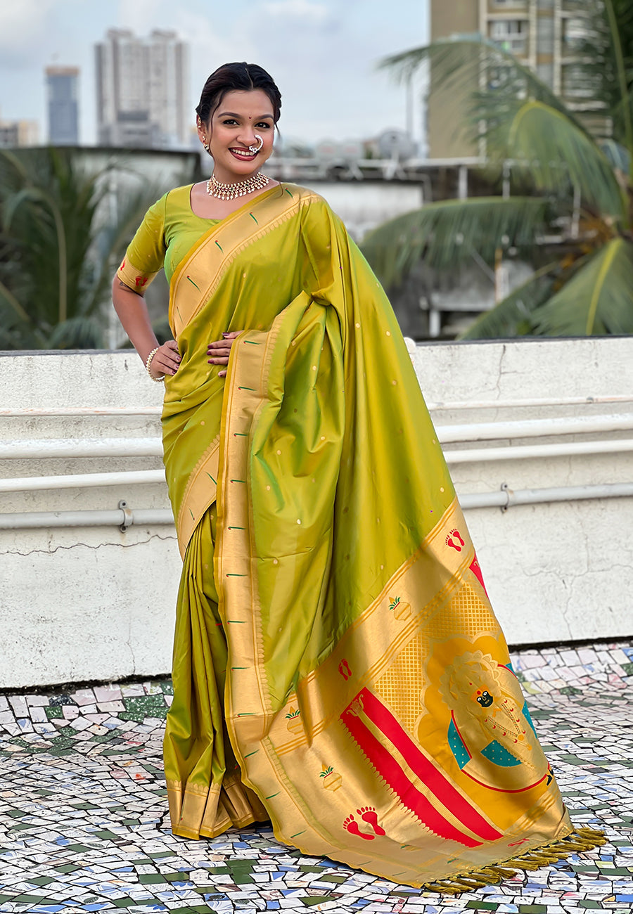 Mehendi Green Zari Woven Mahalaxmi God Paithani Silk Saree Paithani Saree Anant Tex Exports Pvt.Ltd..