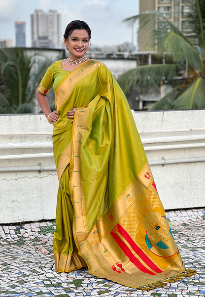 Mehendi Green Zari Woven Mahalaxmi God Paithani Silk Saree Paithani Saree Anant Tex Exports Pvt.Ltd..