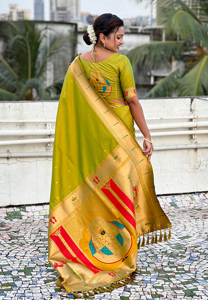 Mehendi Green Zari Woven Mahalaxmi God Paithani Silk Saree Paithani Saree Anant Tex Exports Pvt.Ltd..