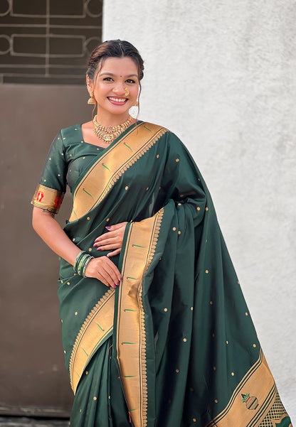 Bottle Green Zari Woven Mahalaxmi God Paithani Silk Saree Paithani Saree Anant Tex Exports Pvt.Ltd..