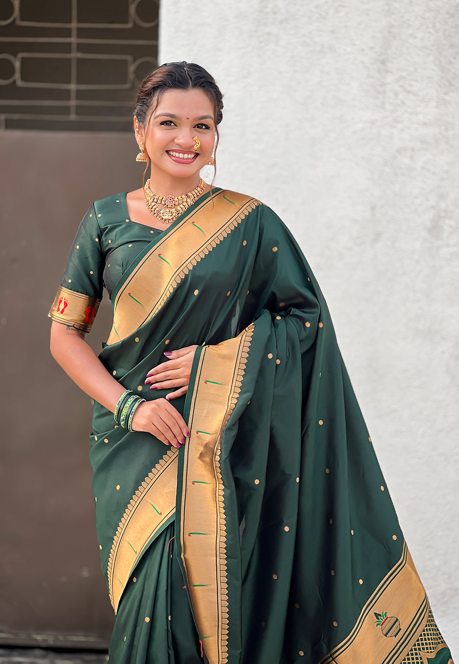 Bottle Green Zari Woven Mahalaxmi God Paithani Silk Saree