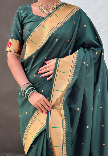 Bottle Green Zari Woven Mahalaxmi God Paithani Silk Saree Paithani Saree Anant Tex Exports Pvt.Ltd..