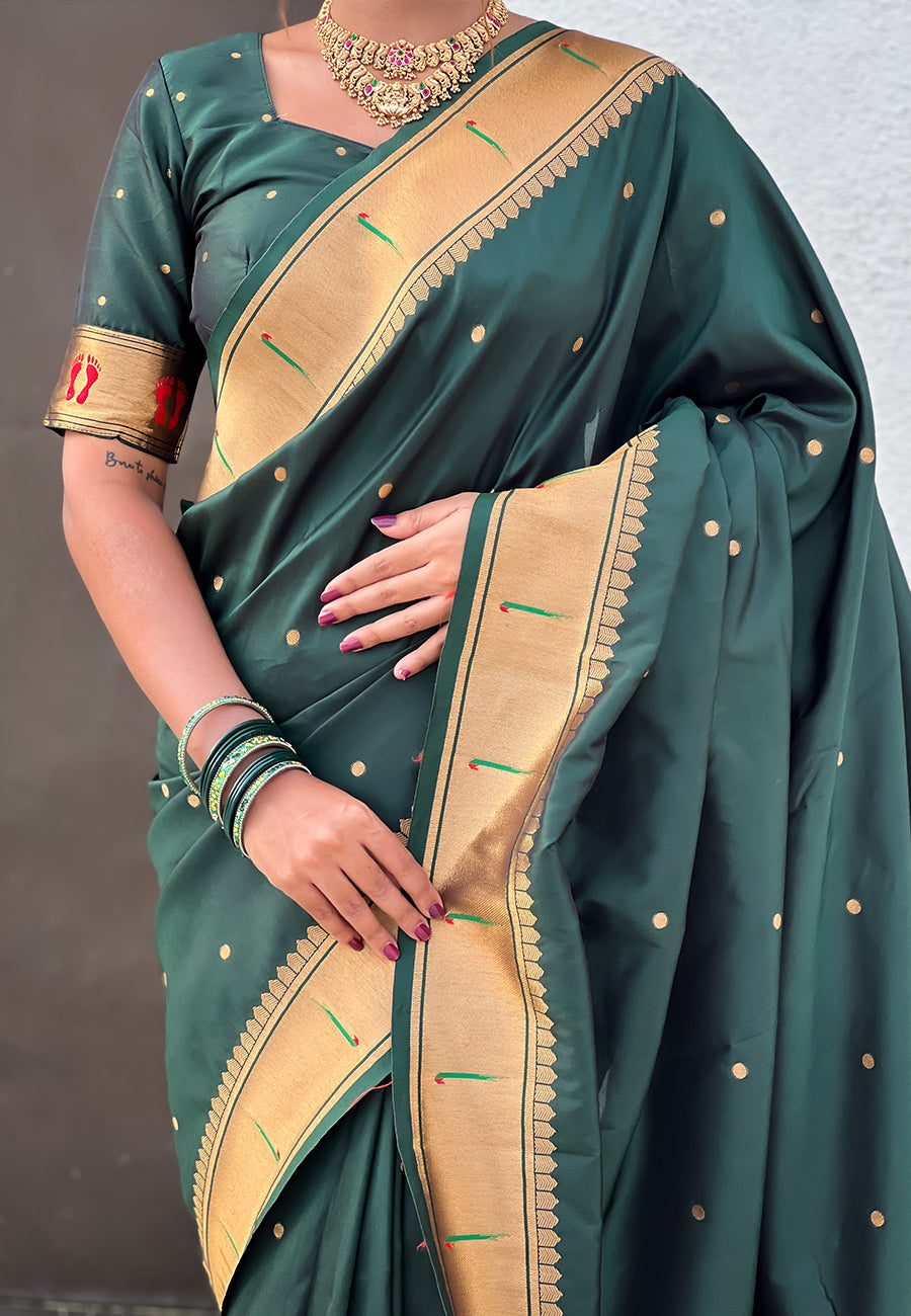 Bottle Green Zari Woven Mahalaxmi God Paithani Silk Saree