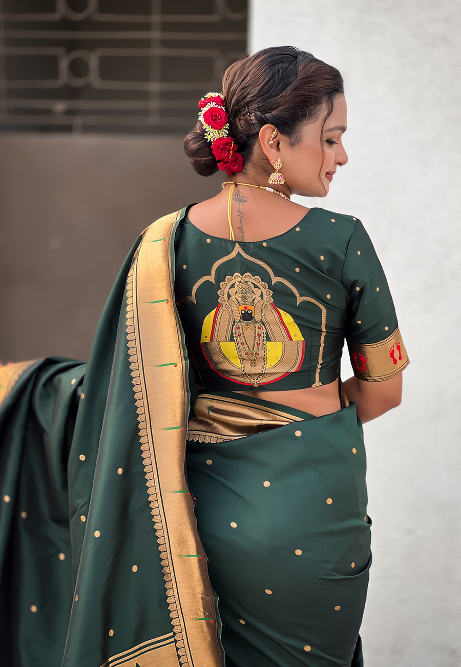 Bottle Green Zari Woven Mahalaxmi God Paithani Silk Saree