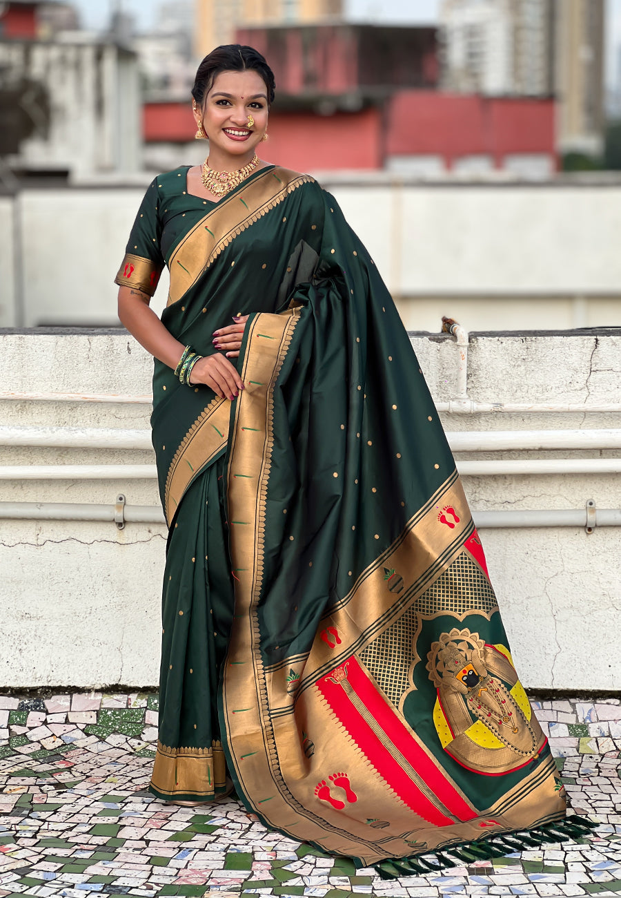 Bottle Green Zari Woven Mahalaxmi God Paithani Silk Saree