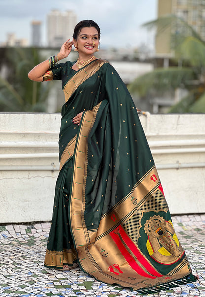 Bottle Green Zari Woven Mahalaxmi God Paithani Silk Saree Paithani Saree Anant Tex Exports Pvt.Ltd..