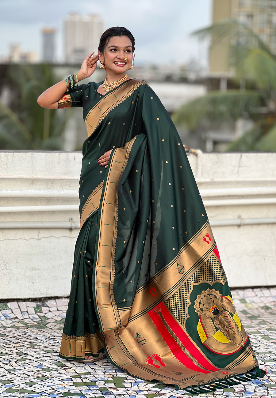 Bottle Green Zari Woven Mahalaxmi God Paithani Silk Saree