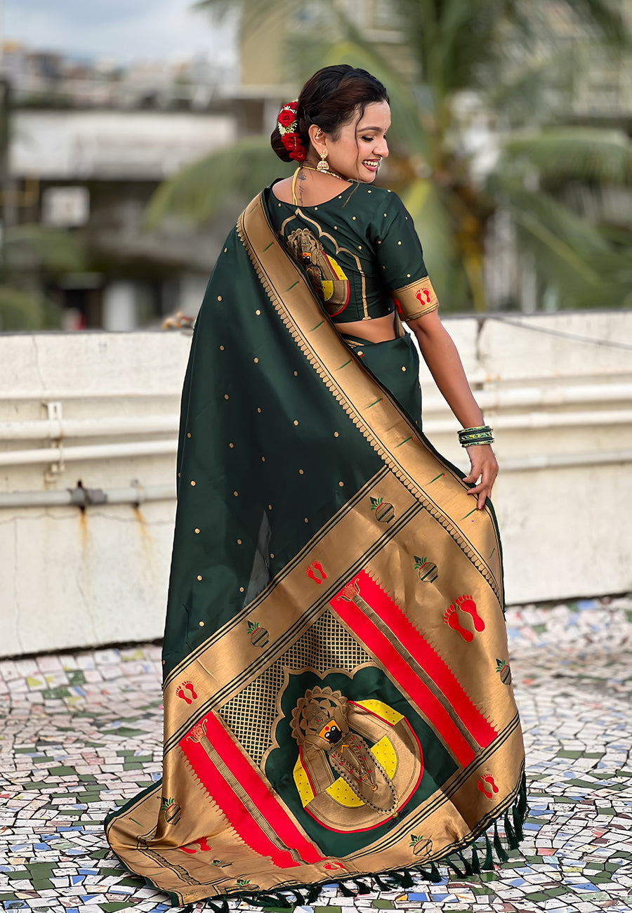 Bottle Green Zari Woven Mahalaxmi God Paithani Silk Saree