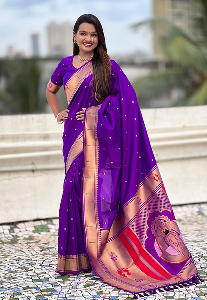 Purple Zari Woven Mahalaxmi God Paithani Silk Saree Paithani Saree Anant Tex Exports Pvt.Ltd..
