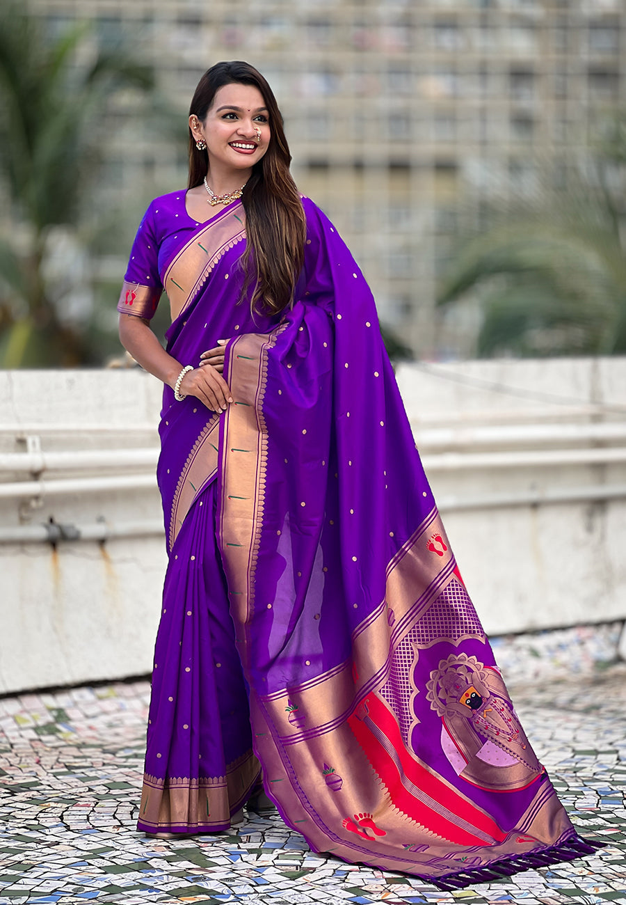 Purple Zari Woven Mahalaxmi God Paithani Silk Saree