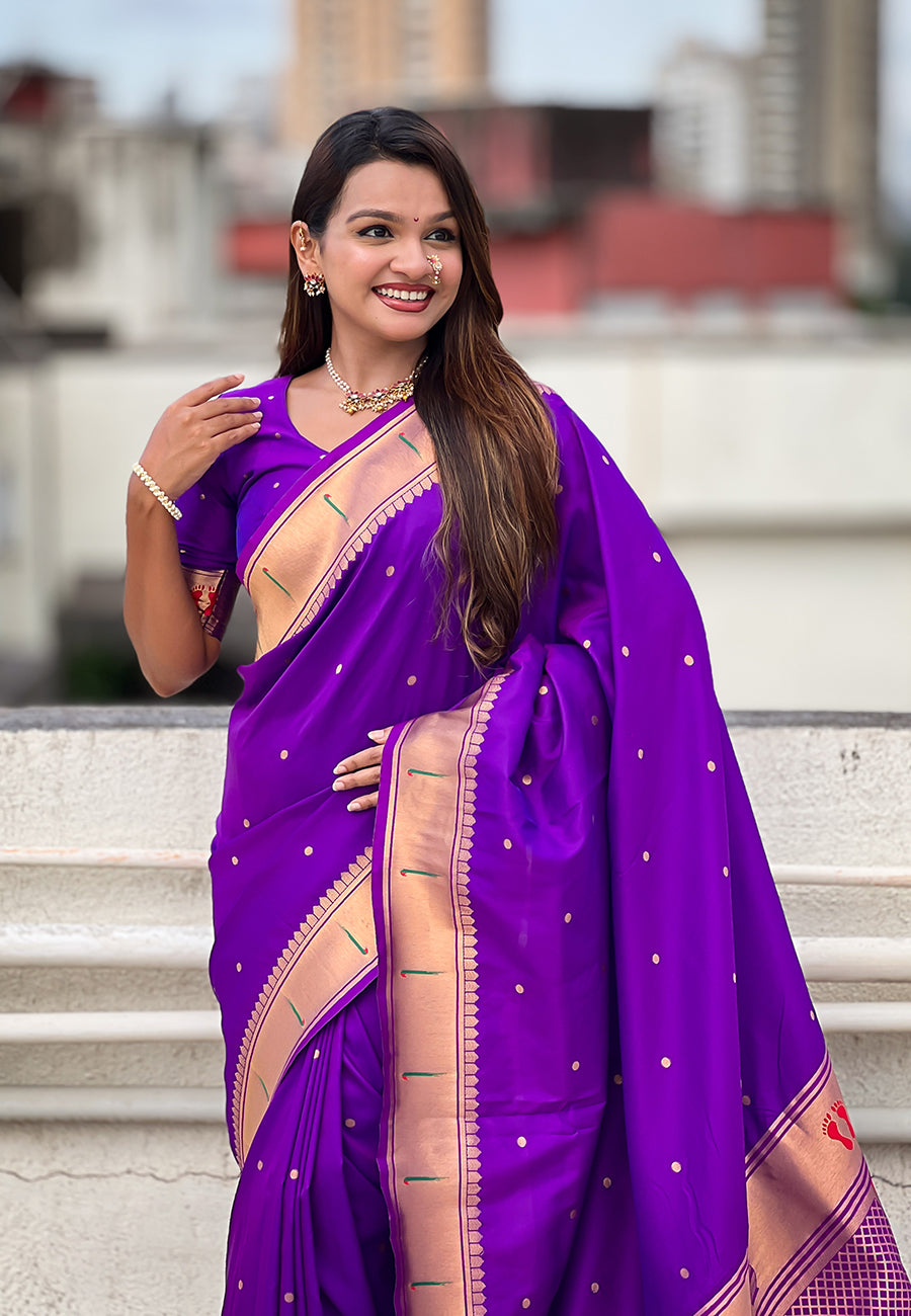 Purple Zari Woven Mahalaxmi God Paithani Silk Saree
