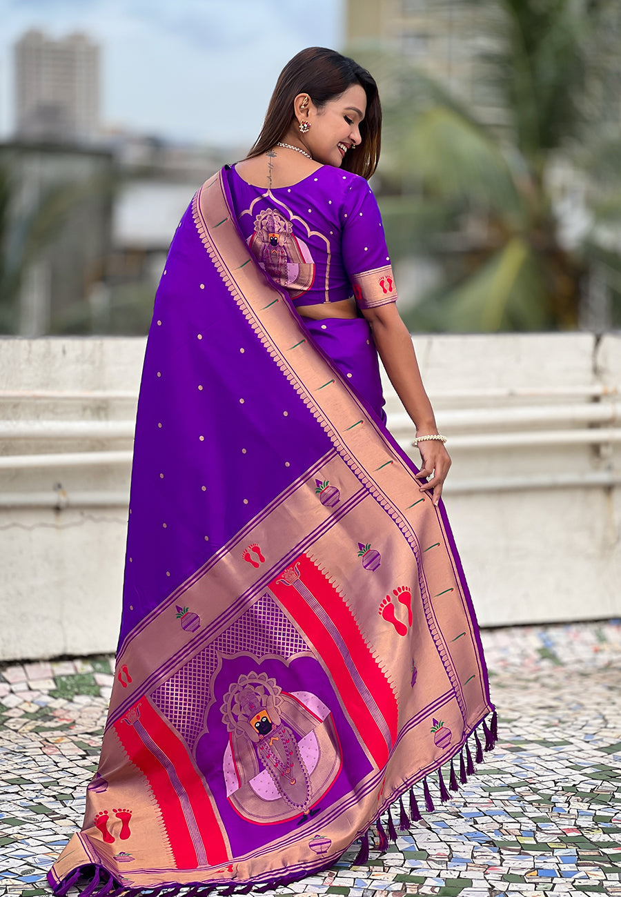 Purple Zari Woven Mahalaxmi God Paithani Silk Saree Paithani Saree Anant Tex Exports Pvt.Ltd..