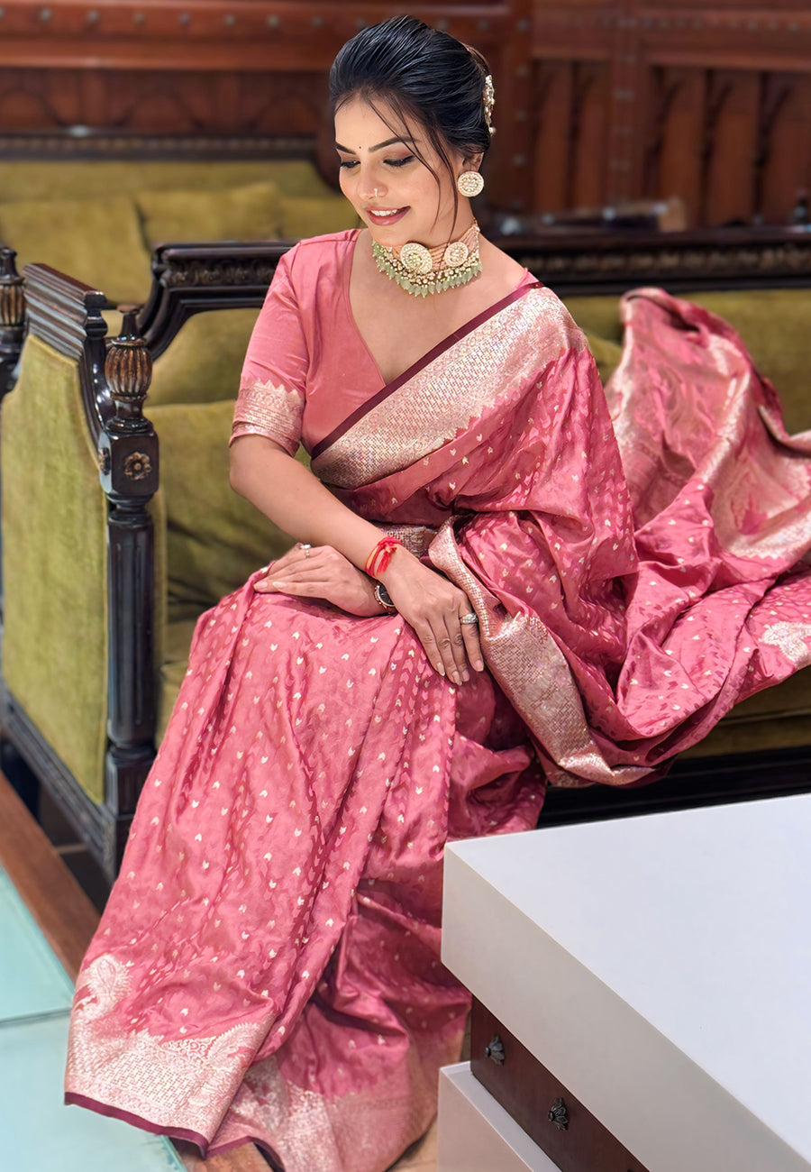 Salmon Pink Banarasi Satin Silk Zari Banarasi Saree