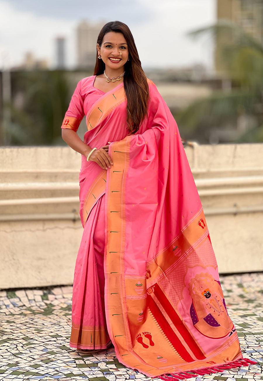 Baby Pink Zari Woven Mahalaxmi God Paithani Silk Saree