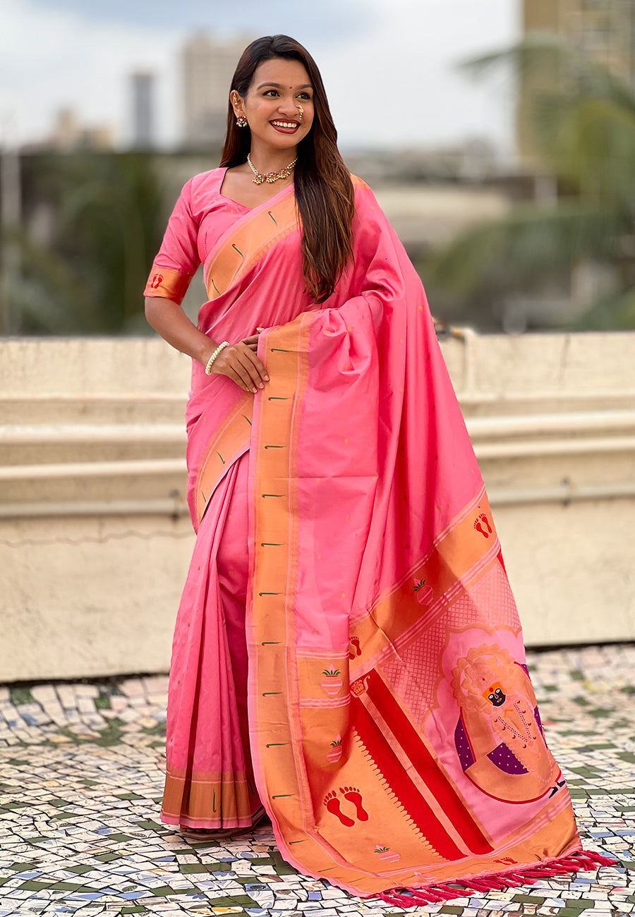 Baby Pink Zari Woven Mahalaxmi God Paithani Silk Saree