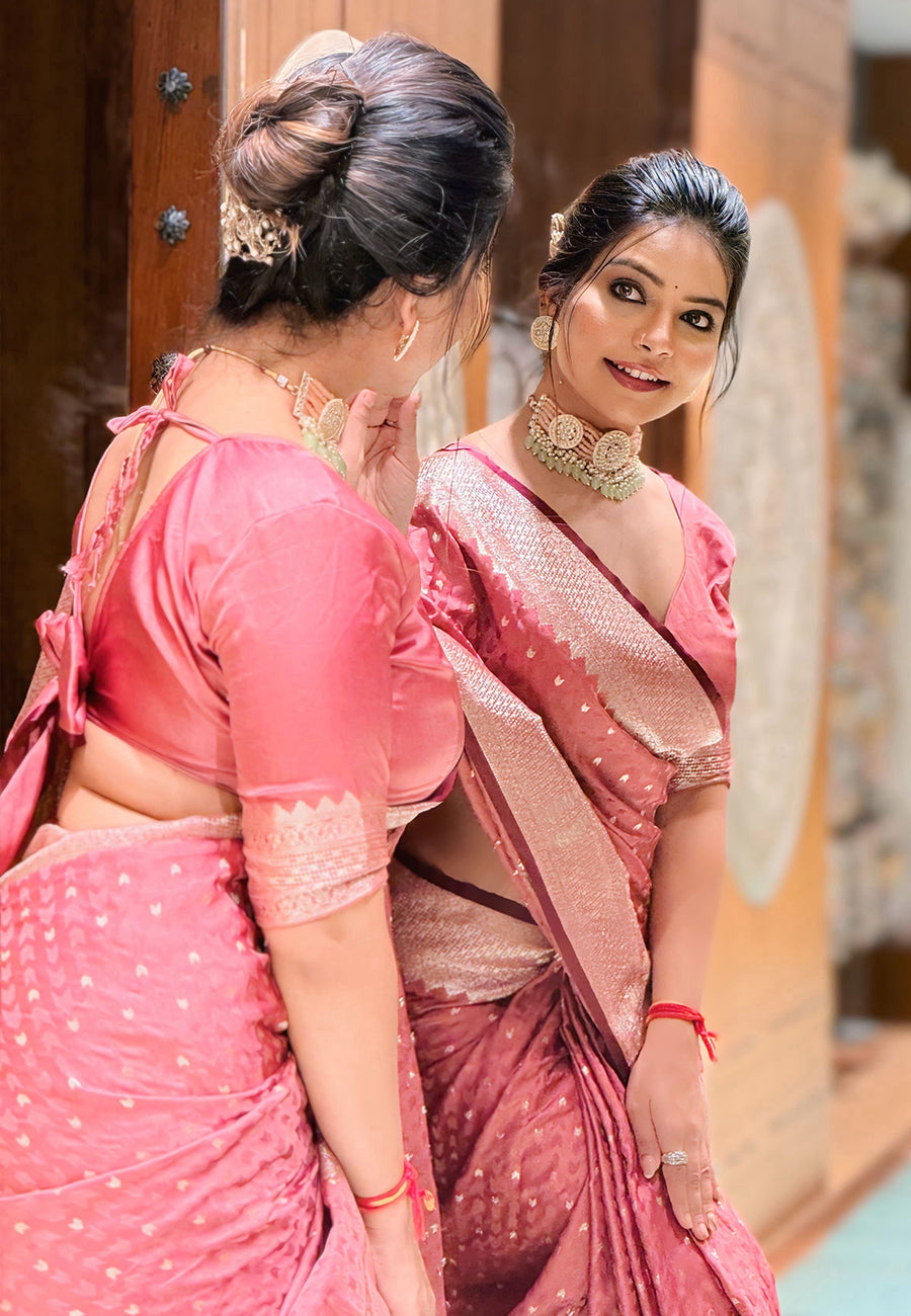 Salmon Pink Banarasi Satin Silk Zari Banarasi Saree Panetar Saree Anant Tex Exports Pvt.Ltd..