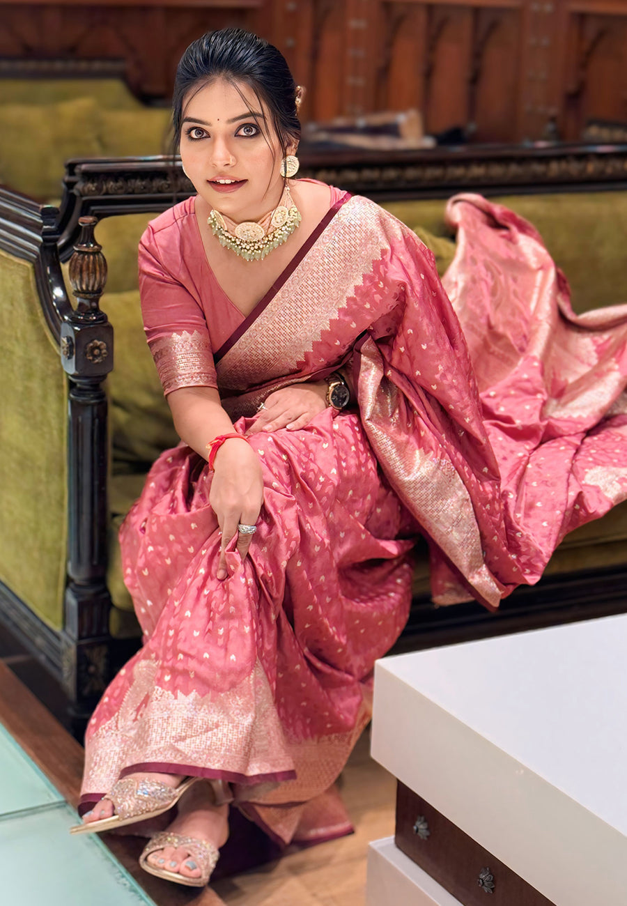 Salmon Pink Banarasi Satin Silk Zari Banarasi Saree