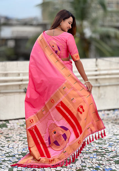 Baby Pink Zari Woven Mahalaxmi God Paithani Silk Saree Paithani Saree Anant Tex Exports Pvt.Ltd..
