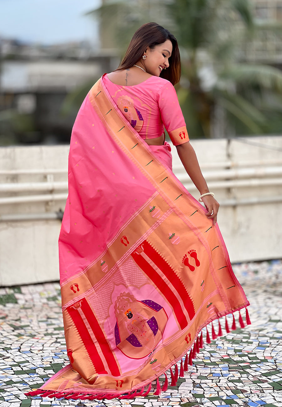 Baby Pink Zari Woven Mahalaxmi God Paithani Silk Saree