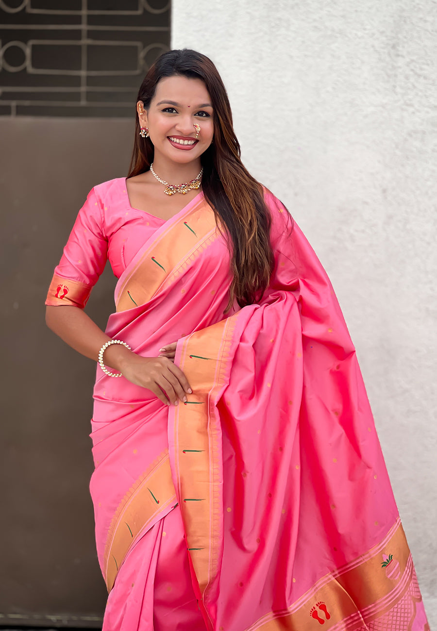Baby Pink Zari Woven Mahalaxmi God Paithani Silk Saree