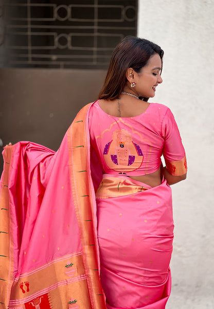 Baby Pink Zari Woven Mahalaxmi God Paithani Silk Saree Paithani Saree Anant Tex Exports Pvt.Ltd..