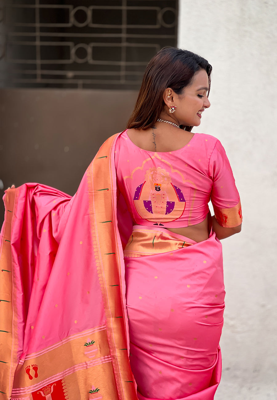 Baby Pink Zari Woven Mahalaxmi God Paithani Silk Saree