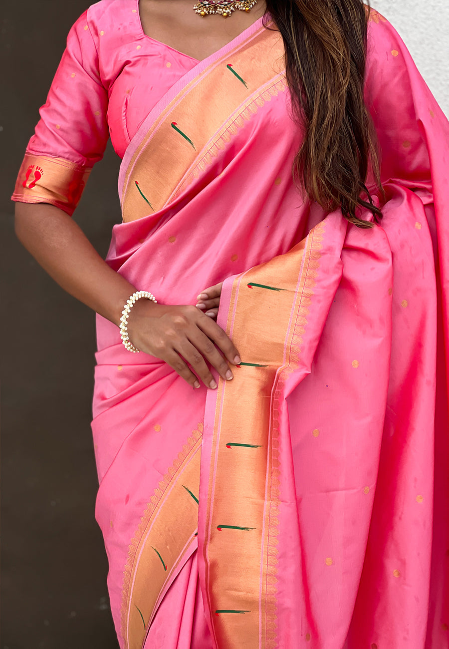 Baby Pink Zari Woven Mahalaxmi God Paithani Silk Saree