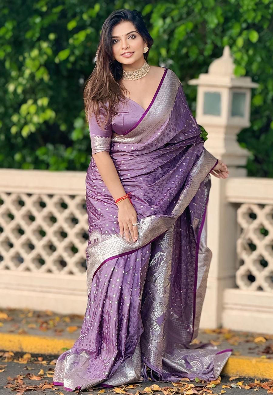 Lavender Banarasi Satin Silk Zari Banarasi Saree Panetar Saree Anant Tex Exports Pvt.Ltd..