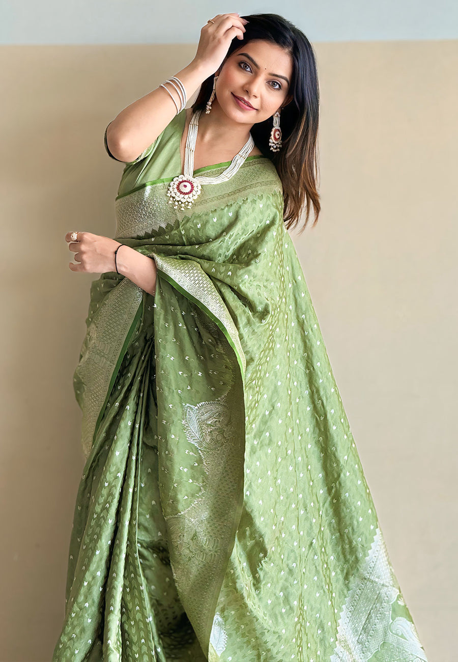 Thistle Green Banarasi Satin Silk Zari Banarasi Saree Panetar Saree Anant Tex Exports Pvt.Ltd..
