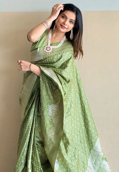 Thistle Green Banarasi Satin Silk Zari Banarasi Saree Panetar Saree Anant Tex Exports Pvt.Ltd..