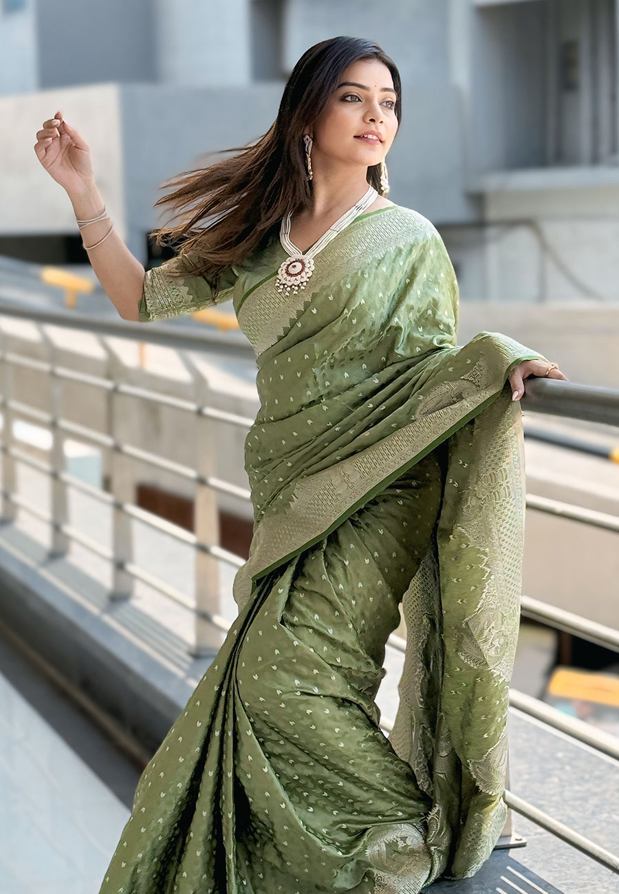 Thistle Green Banarasi Satin Silk Zari Banarasi Saree Panetar Saree Anant Tex Exports Pvt.Ltd..