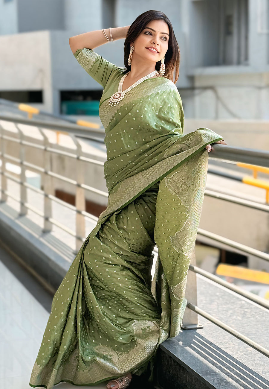 Thistle Green Banarasi Satin Silk Zari Banarasi Saree Panetar Saree Anant Tex Exports Pvt.Ltd..