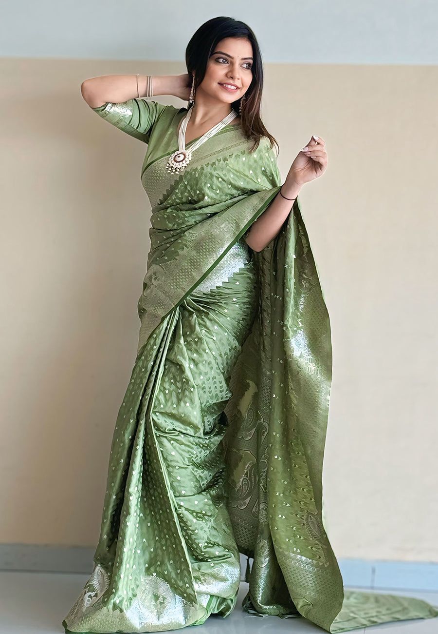 Thistle Green Banarasi Satin Silk Zari Banarasi Saree