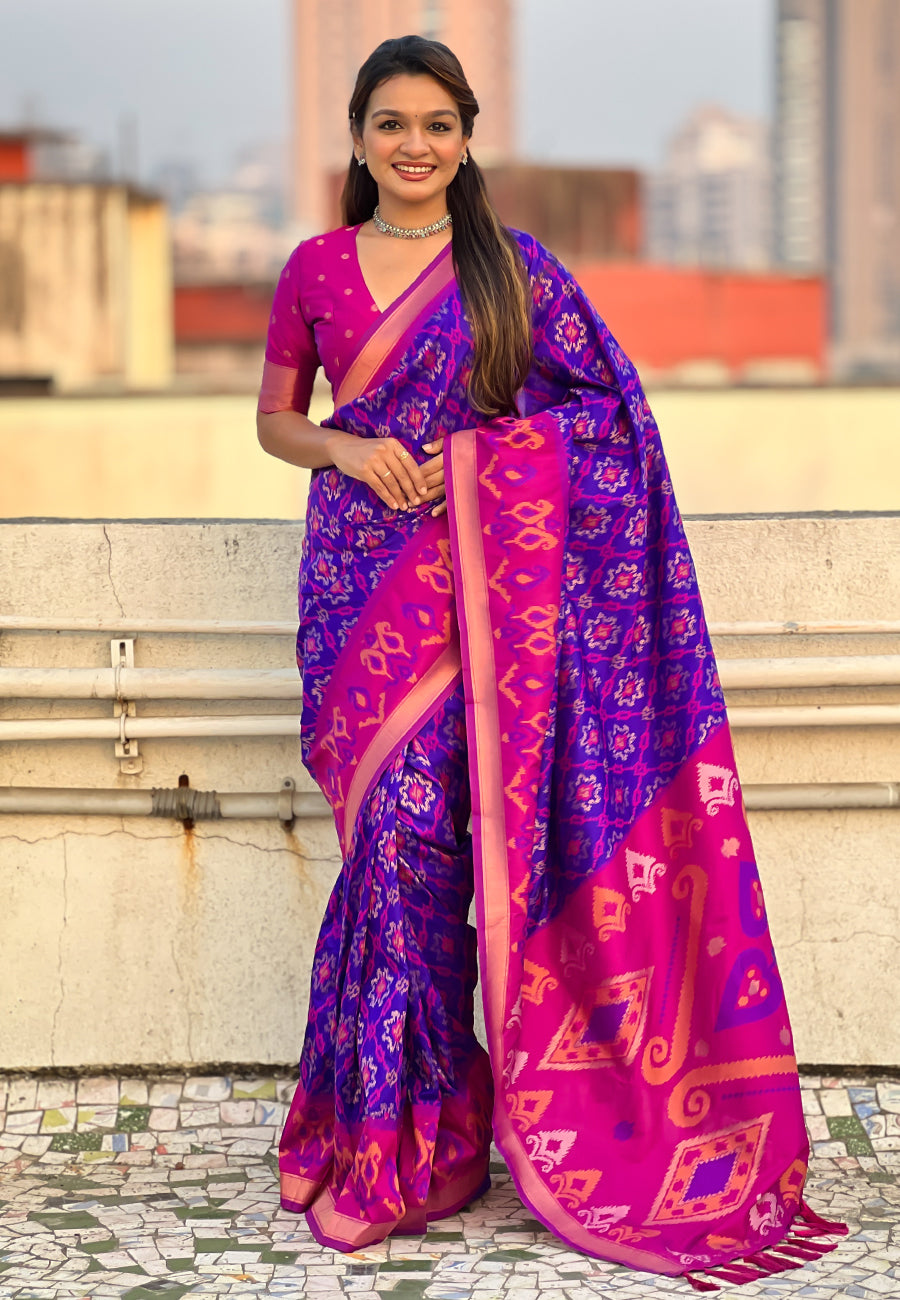 Violet Soft Silk Zari Woven Patola Banarasi Saree