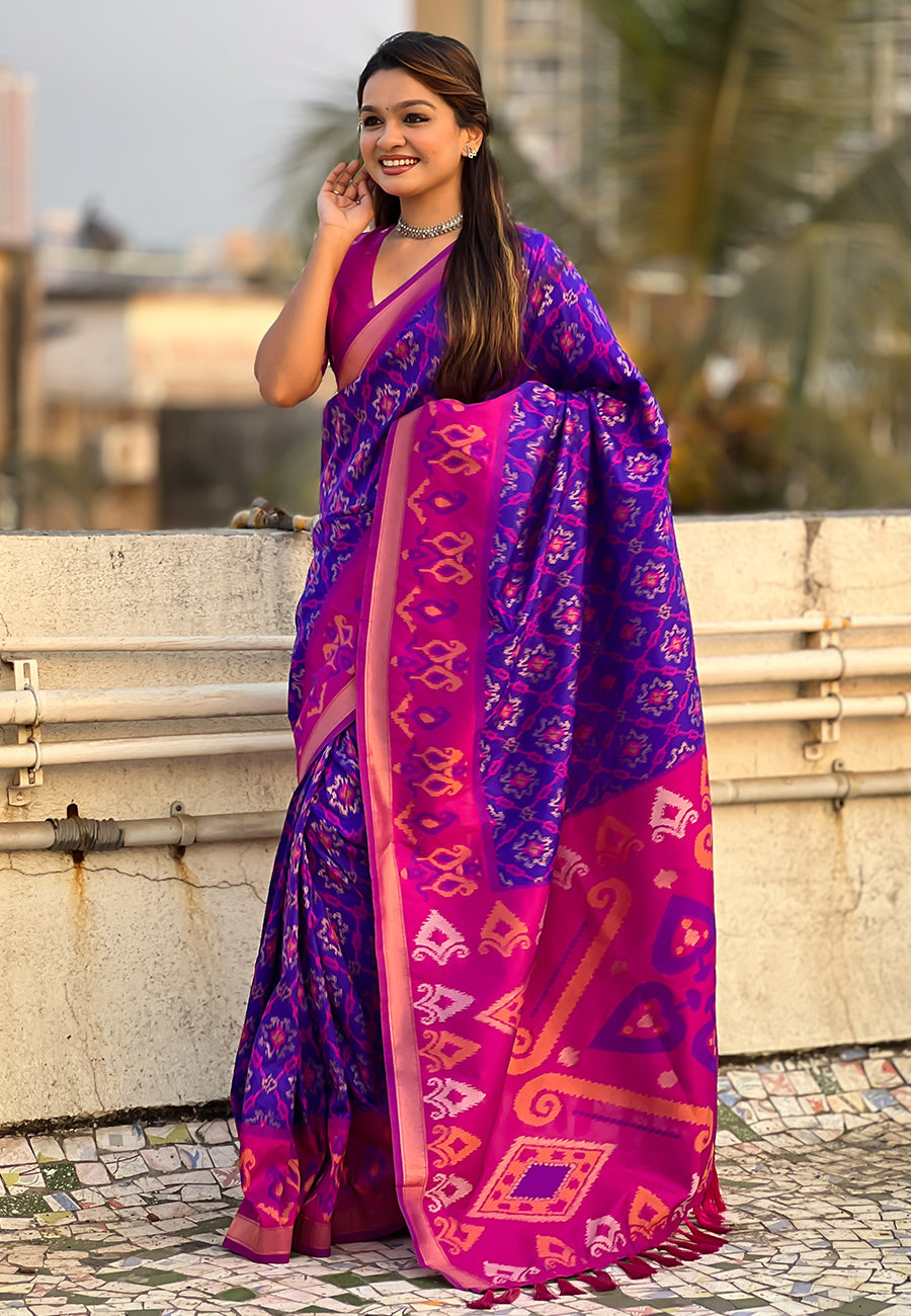Violet Soft Silk Zari Woven Patola Banarasi Saree