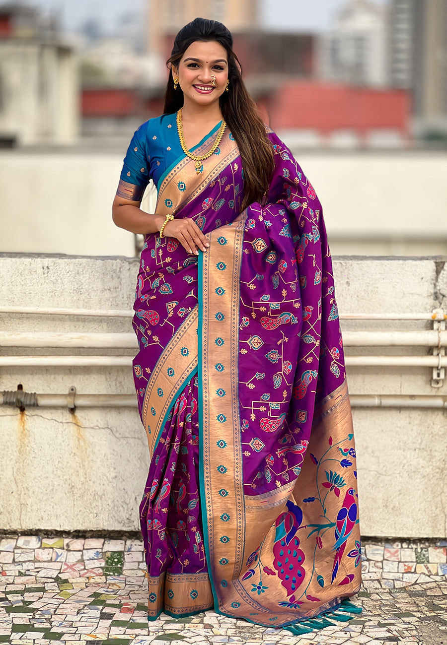 Wine Paithani Jaal Silk Zari Woven Saree Paithani Saree Anant Tex Exports Pvt.Ltd..
