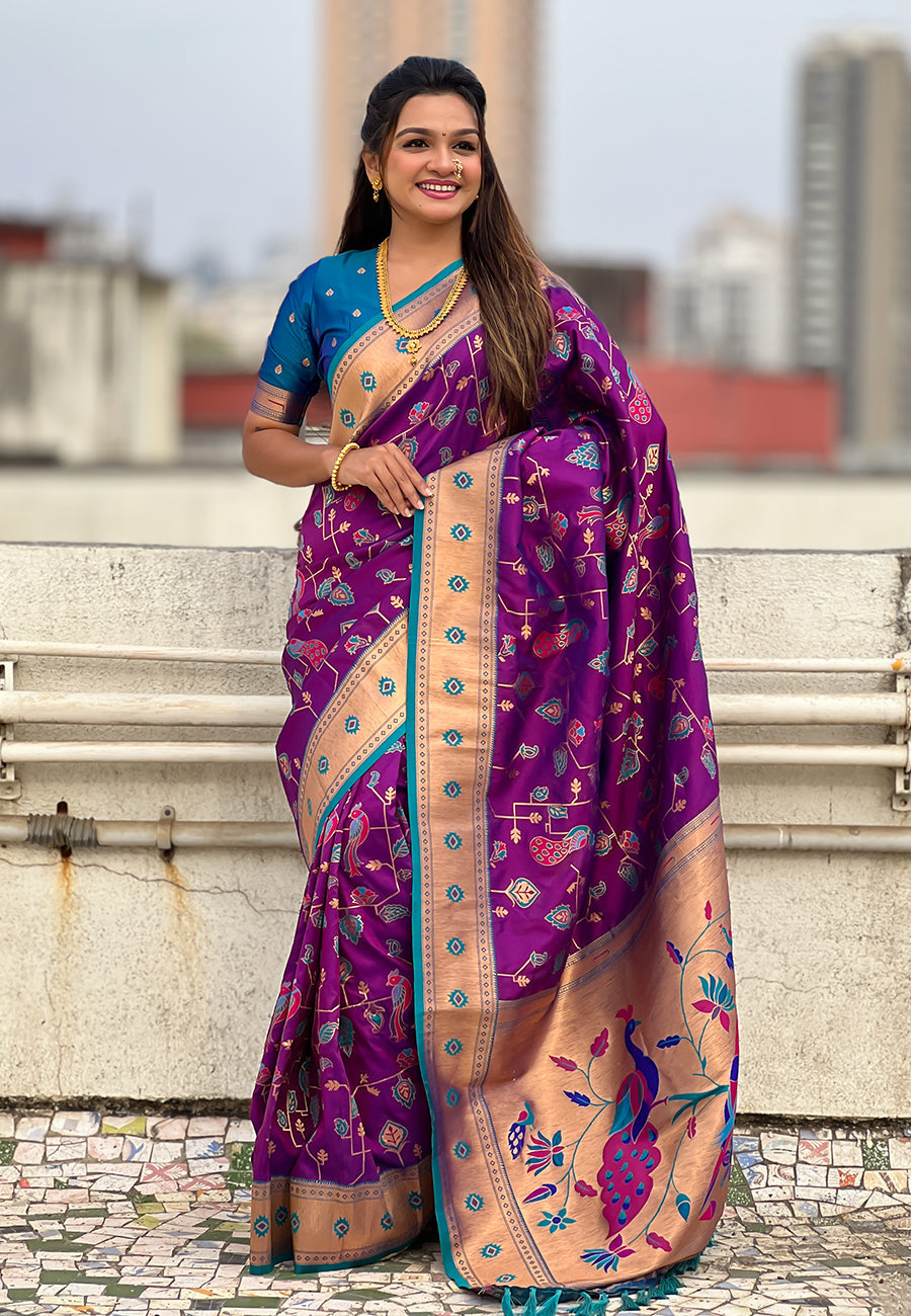 Wine Paithani Jaal Silk Zari Woven Saree Paithani Saree Anant Tex Exports Pvt.Ltd..