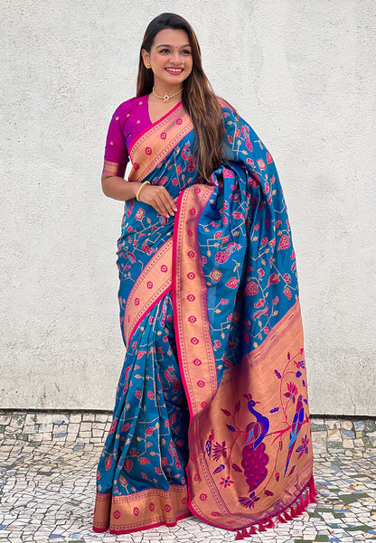 Blue Paithani Jaal Silk Zari Woven Saree Paithani Saree Anant Tex Exports Pvt.Ltd..