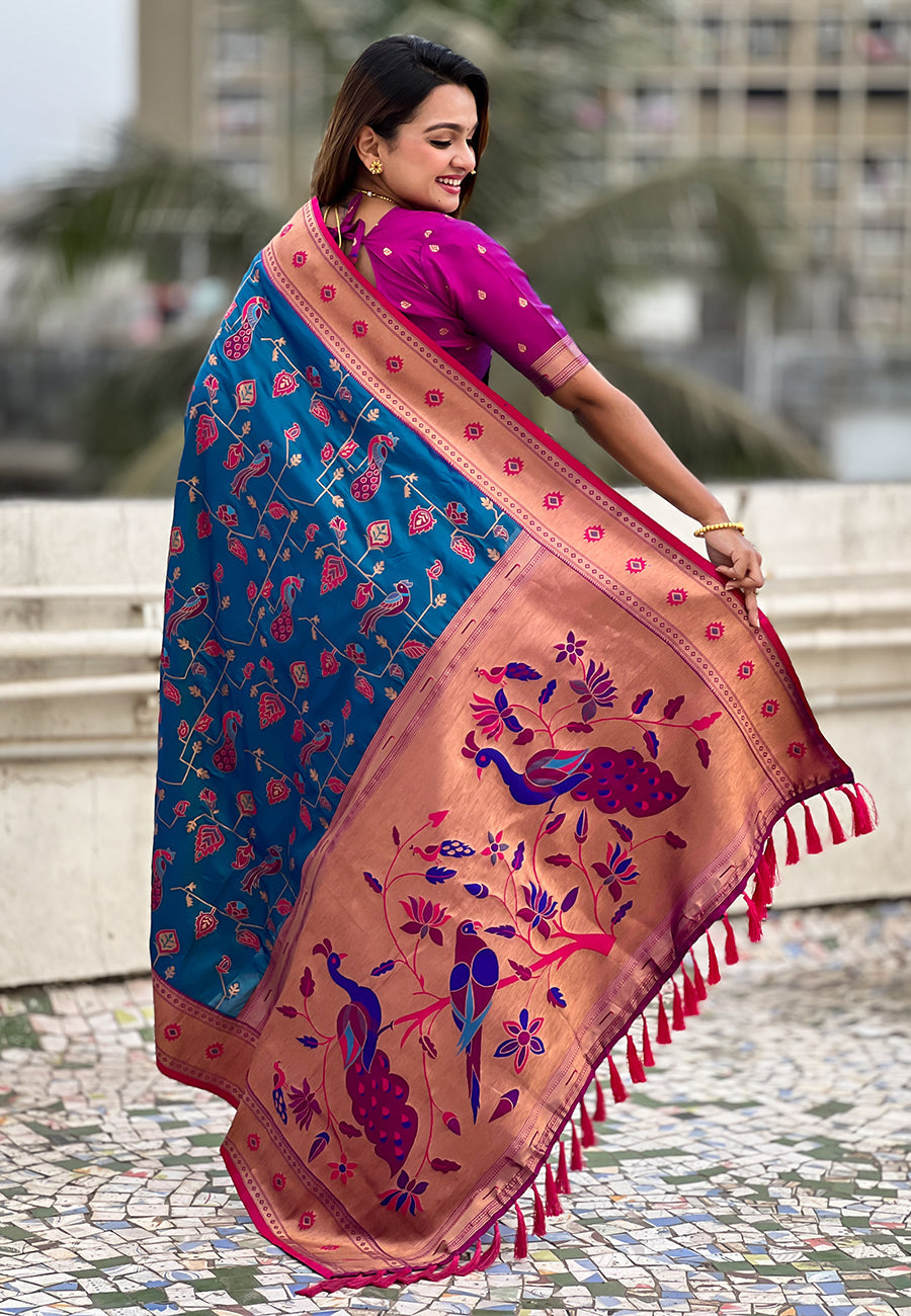 Blue Paithani Jaal Silk Zari Woven Saree Paithani Saree Anant Tex Exports Pvt.Ltd..