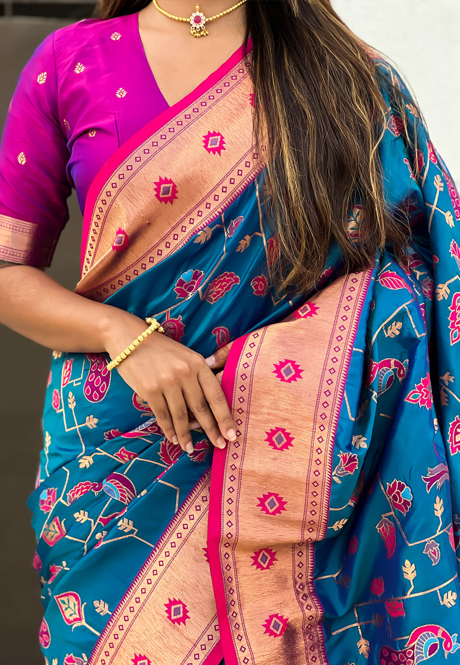 Blue Paithani Jaal Silk Zari Woven Saree Paithani Saree Anant Tex Exports Pvt.Ltd..