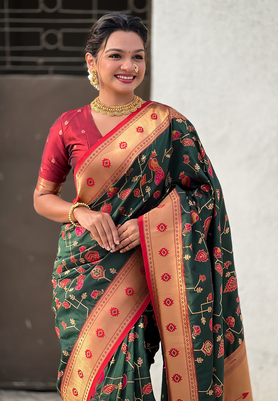 Bottle Green Paithani Jaal Silk Zari Woven Saree Paithani Saree Anant Tex Exports Pvt.Ltd..