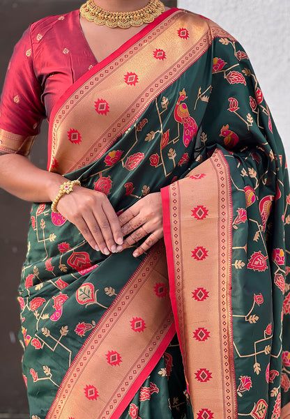 Bottle Green Paithani Jaal Silk Zari Woven Saree Paithani Saree Anant Tex Exports Pvt.Ltd..