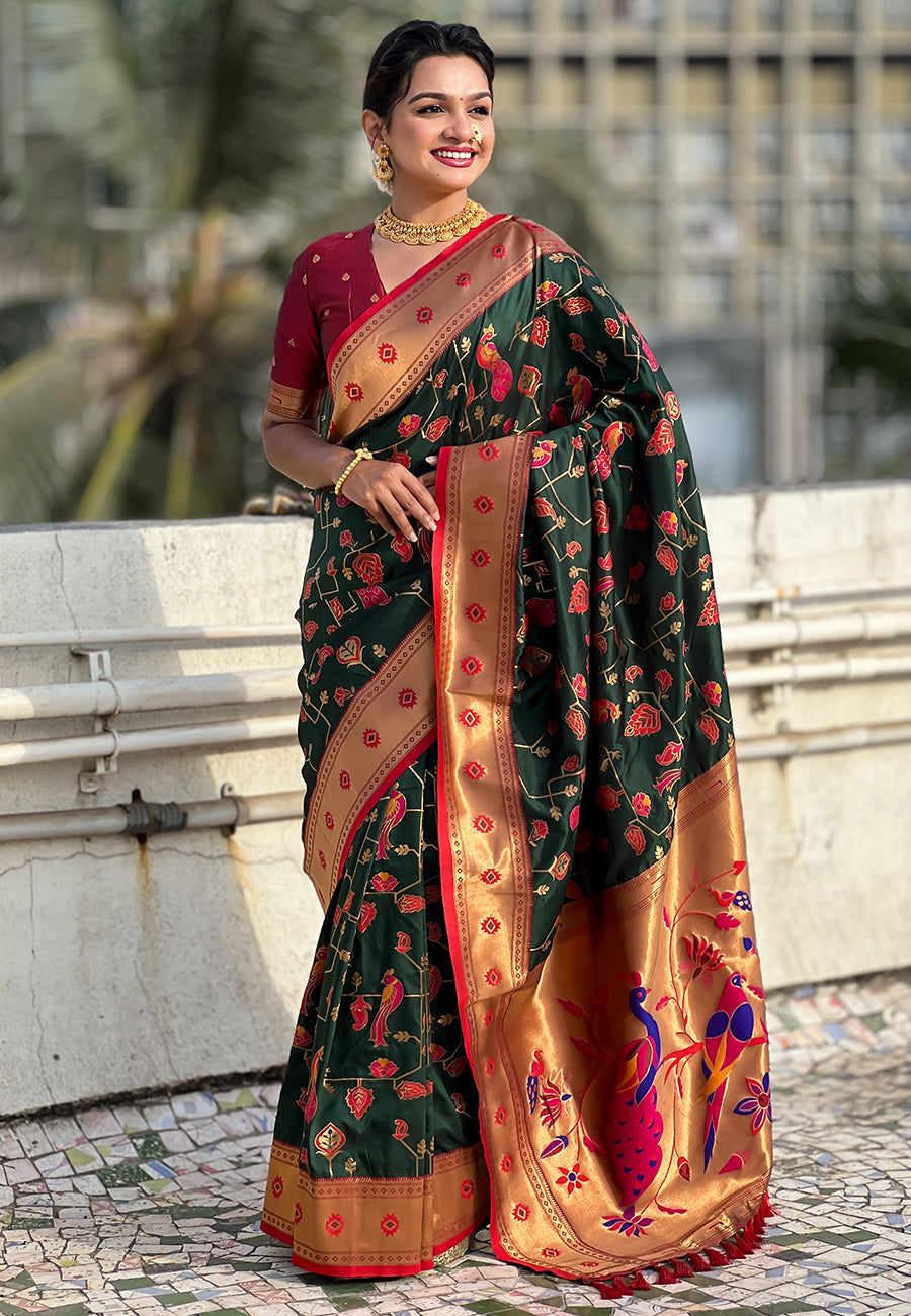 Bottle Green Paithani Jaal Silk Zari Woven Saree Paithani Saree Anant Tex Exports Pvt.Ltd..