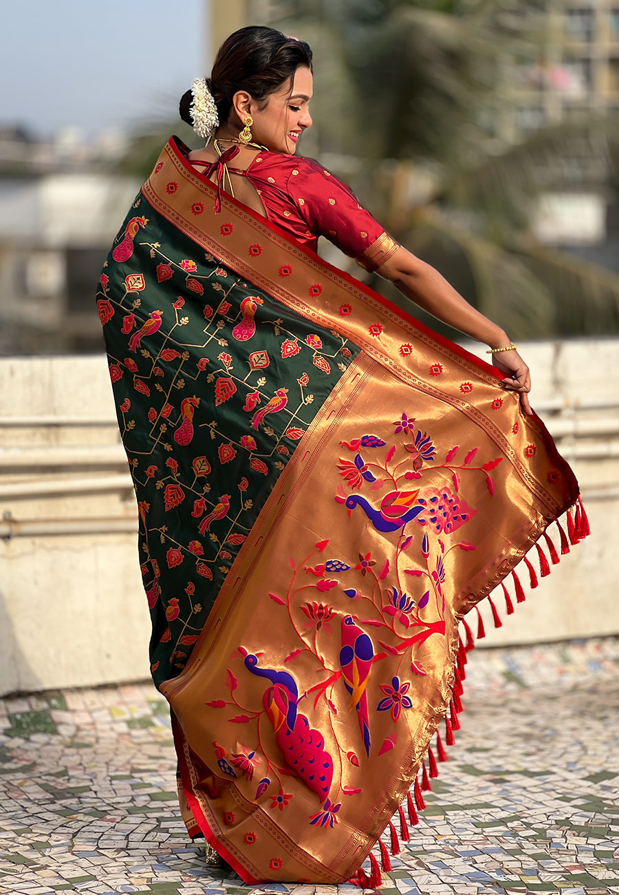 Bottle Green Paithani Jaal Silk Zari Woven Saree Paithani Saree Anant Tex Exports Pvt.Ltd..