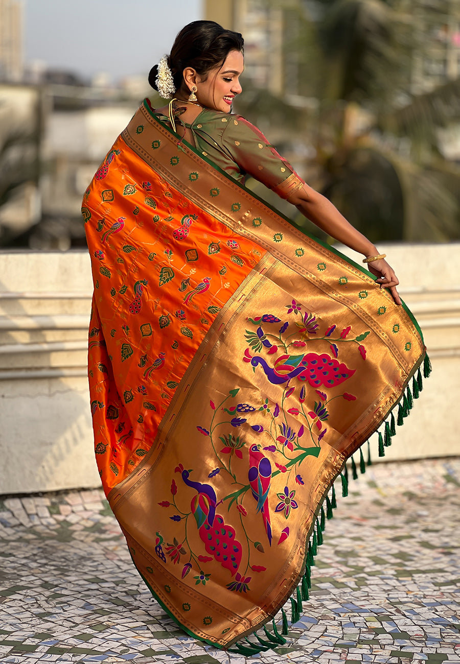 Orange Paithani Jaal Silk Zari Woven Saree Paithani Saree Anant Tex Exports Pvt.Ltd..