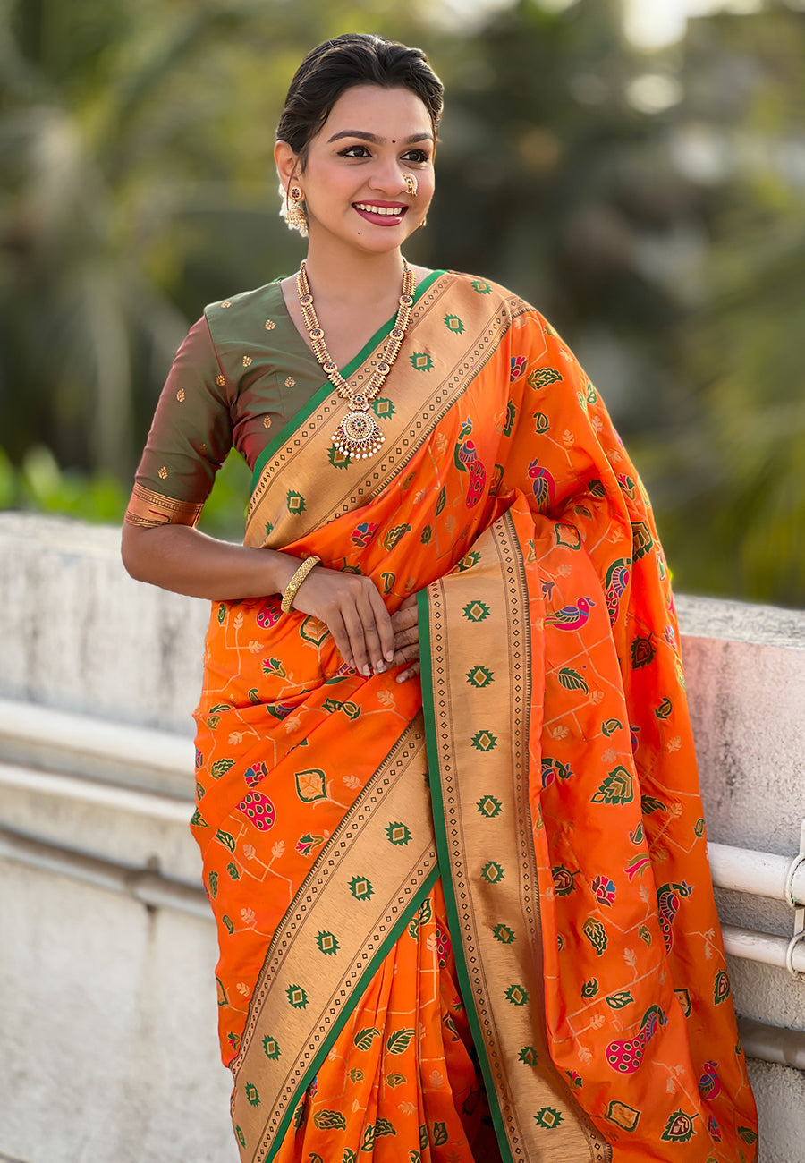 Orange Paithani Jaal Silk Zari Woven Saree