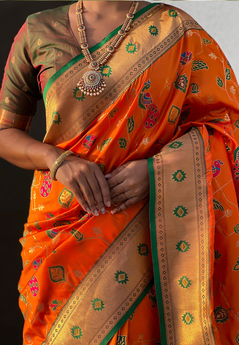 Orange Paithani Jaal Silk Zari Woven Saree