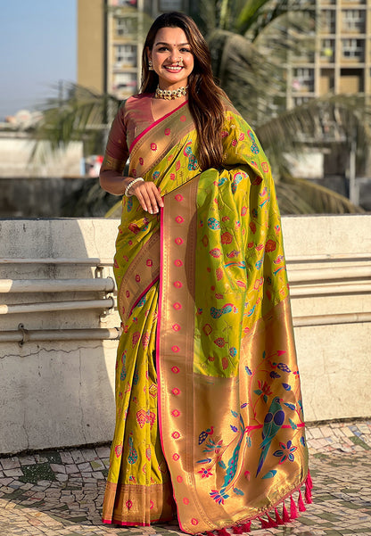 Mehendi Green Paithani Jaal Silk Zari Woven Saree Paithani Saree Anant Tex Exports Pvt.Ltd..