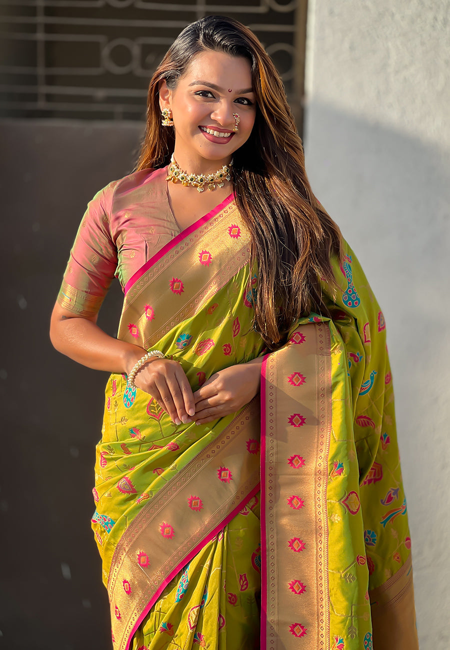 Mehendi Green Paithani Jaal Silk Zari Woven Saree Paithani Saree Anant Tex Exports Pvt.Ltd..